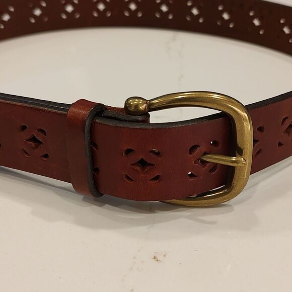 Express Perforated Brown Italian Leather Belt Solid Brass Buckle - Picture 9 of 10